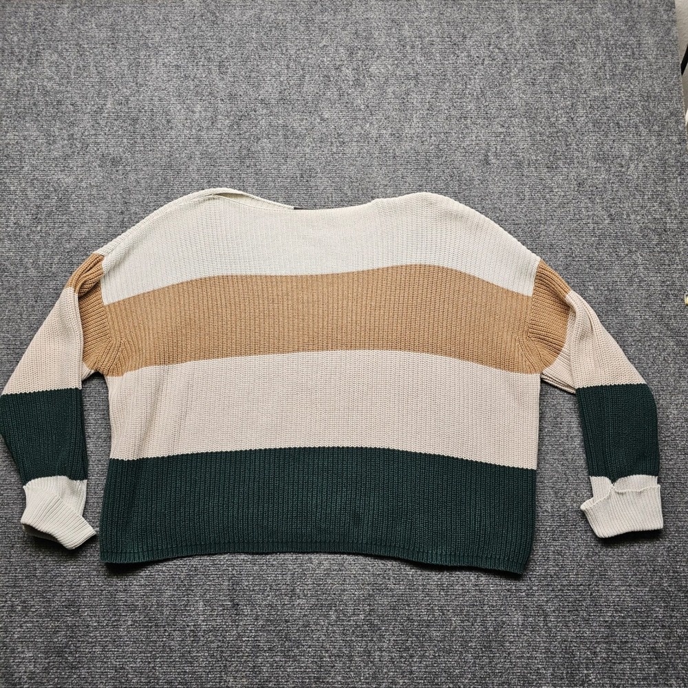 French Connection Womens Small Colorblock Cotton Knit Sweater Green Tan Cream